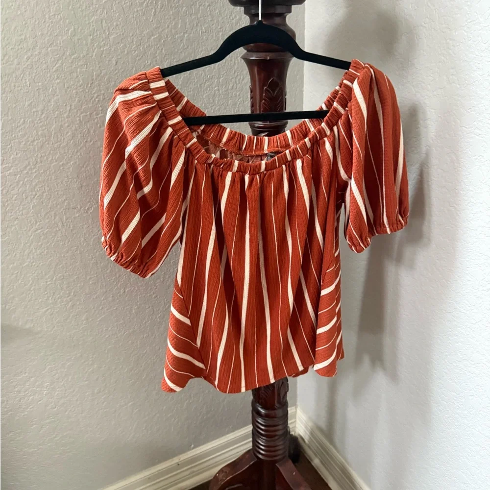 Anthropologie Rust and White Striped Off-Shoulder Top
